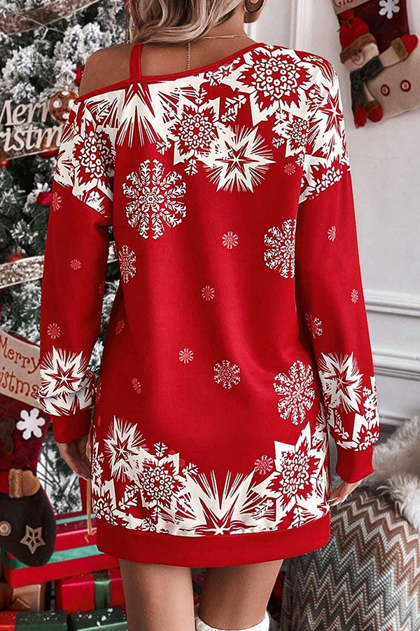 EB | Weihnachts-Schneeflocke Kalt-Schulter Lockeres Sweatshirt Mini Kleid