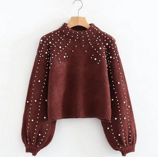 Damen Pullover mit schimmernden Perlendetails und voluminösen Ärmeln EB