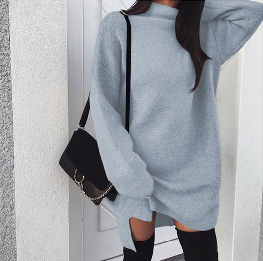 Damen nan Oversize Strickkleid mit Stehkragen, überschnittenen Schultern und seitlichem Oberschenkelschlitz EB