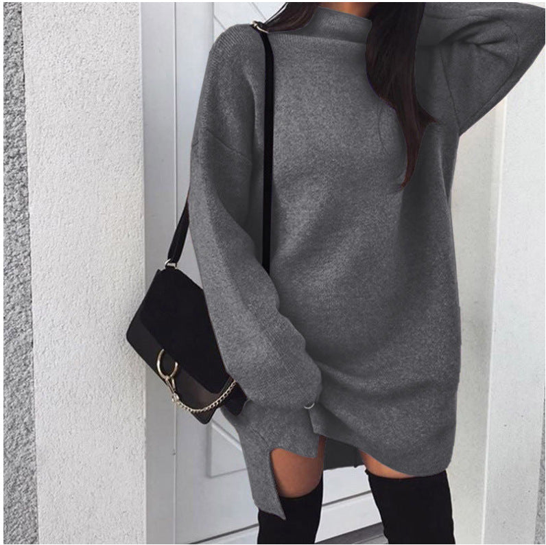 Damen nan Oversize Strickkleid mit Stehkragen, überschnittenen Schultern und seitlichem Oberschenkelschlitz EB