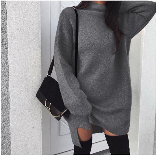 Damen nan Oversize Strickkleid mit Stehkragen, überschnittenen Schultern und seitlichem Oberschenkelschlitz EB