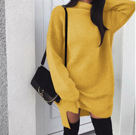 Damen nan Oversize Strickkleid mit Stehkragen, überschnittenen Schultern und seitlichem Oberschenkelschlitz EB