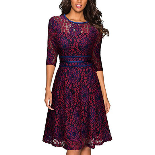 Damen Spitzenkleid mit eleganter Taillenschnürung und schwingendem Rock EB