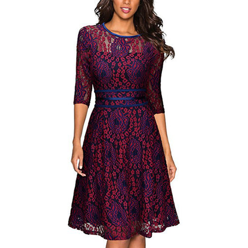 Damen Spitzenkleid mit eleganter Taillenschnürung und schwingendem Rock EB
