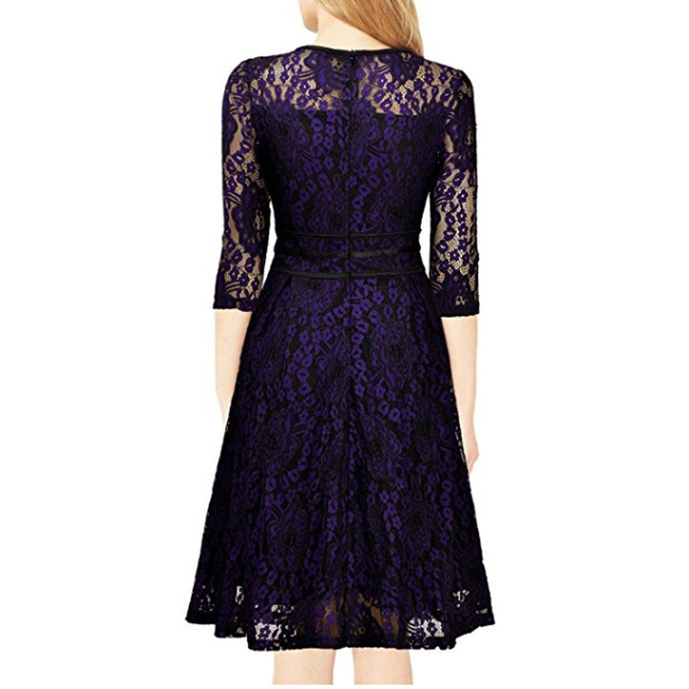 Damen Spitzenkleid mit eleganter Taillenschnürung und schwingendem Rock EB
