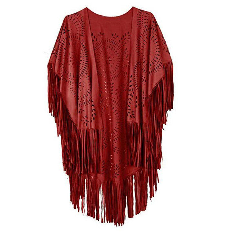 Damen fransiger, leichter Kimono aus Kunstleder mit ausgeschnittenem Muster EB