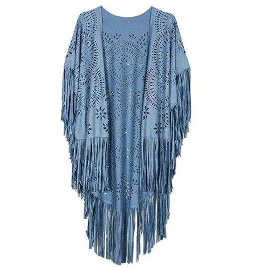 Damen fransiger, leichter Kimono aus Kunstleder mit ausgeschnittenem Muster EB