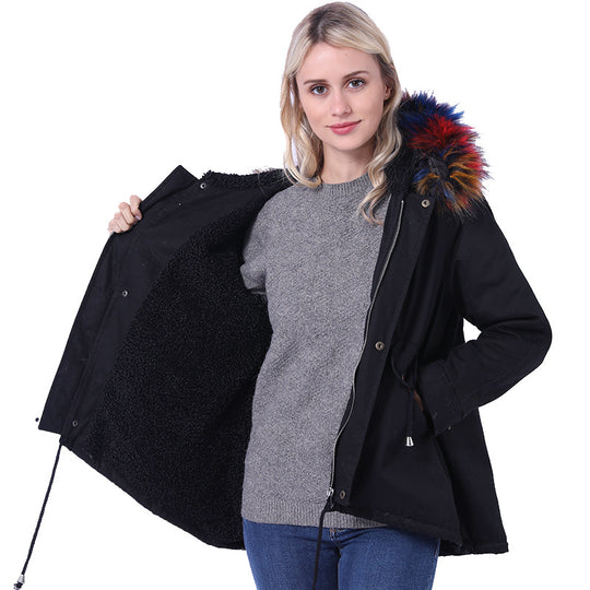 Damen Winterjacke mit abnehmbarer Kunstpelzkapuze und praktischen Taschen EB