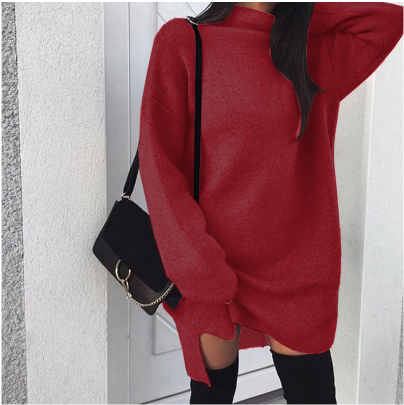 Damen nan Oversize Strickkleid mit Stehkragen, überschnittenen Schultern und seitlichem Oberschenkelschlitz EB