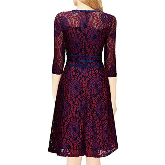 Damen Spitzenkleid mit eleganter Taillenschnürung und schwingendem Rock EB