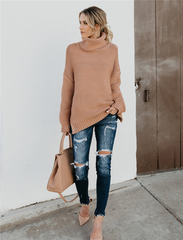 Damen Grobstrickpullover mit hohem Kragen und überschnittenen Schultern EB