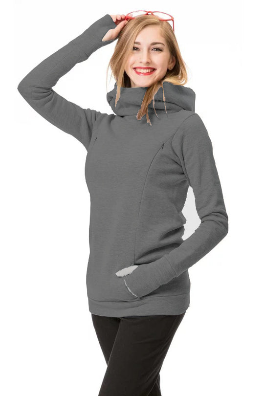 Damen Kapuzenpullover mit weitem Schlauchkragen, Daumenlöchern und Kängurutasche EB