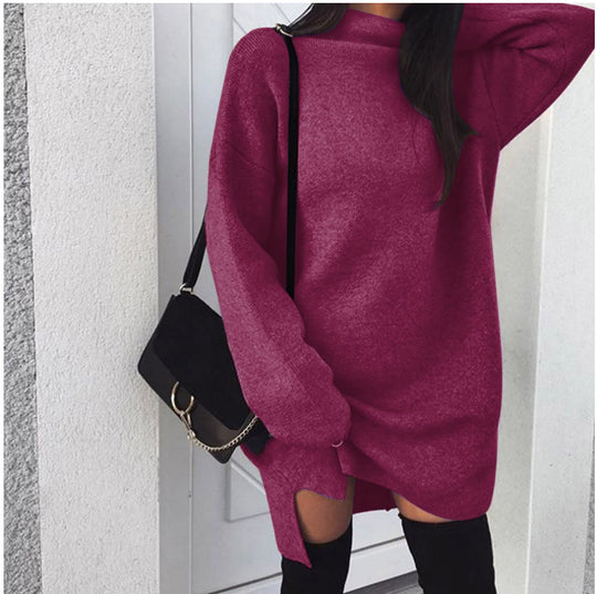 Damen nan Oversize Strickkleid mit Stehkragen, überschnittenen Schultern und seitlichem Oberschenkelschlitz EB