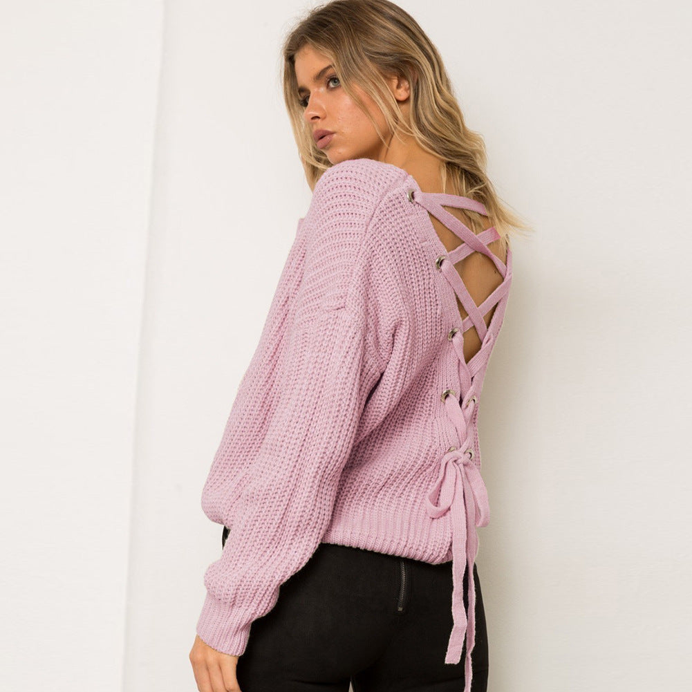Damen Pullover mit einzigartigem Rückendesign und dekorativem Schnüriemen EB