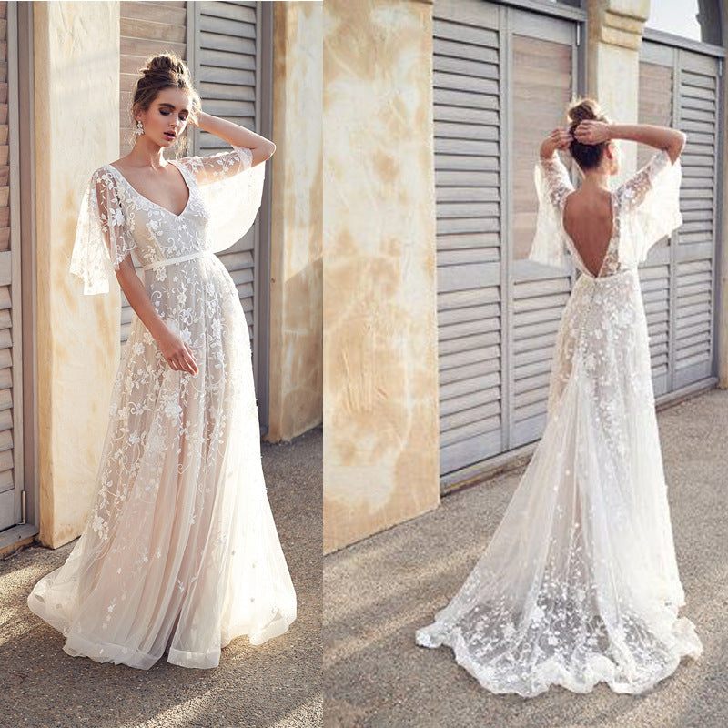 Damen Elegantes Maxikleid mit floralem Spitzenmuster und sanften Ärmeln EB