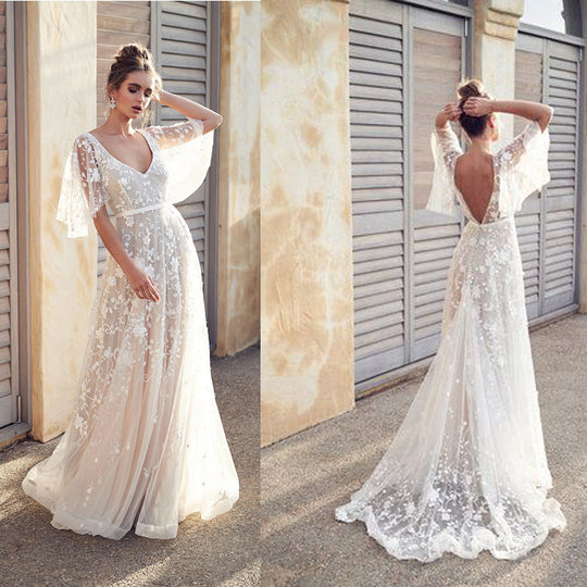 Damen Elegantes Maxikleid mit floralem Spitzenmuster und sanften Ärmeln EB