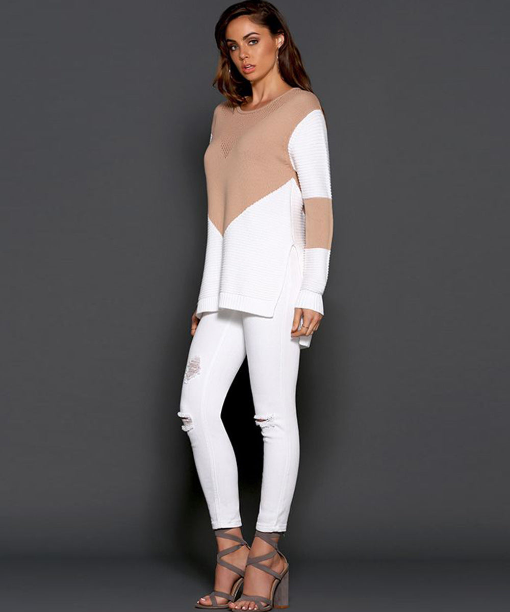 Damen Strickpullover mit modernem Farbblock und einzigartigem Strukturdesign EB