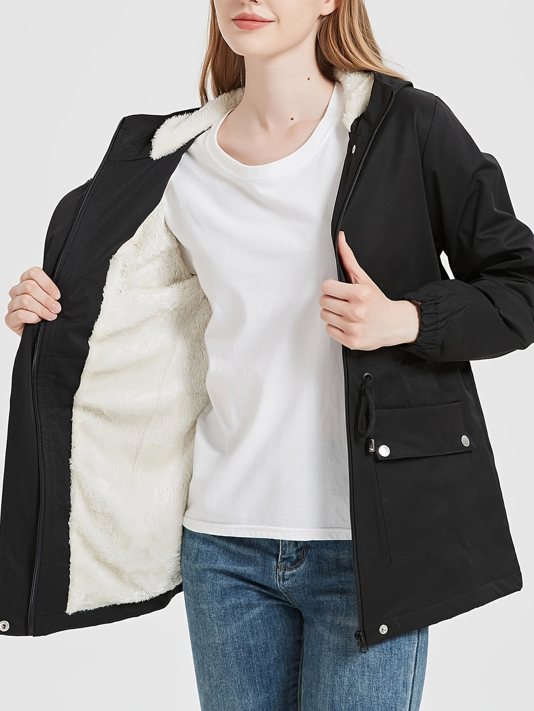 EB | Schwarze Winter-Casual mit Futter Aus Kunstpelz und Verstellbarem Bund für Frauen Ideal für Herbst und Winter