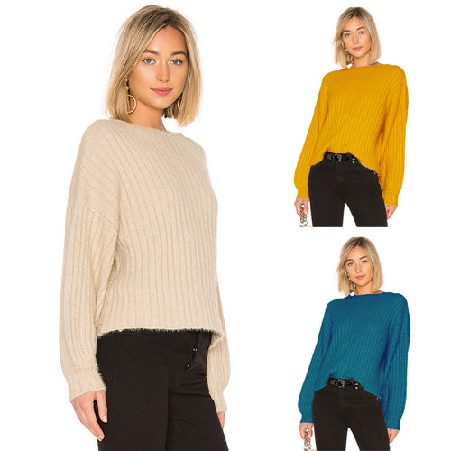 Damen modischer Strickpullover mit überschnittenen Ärmeln und feiner Rippstruktur EB