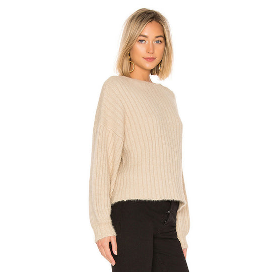 Damen modischer Strickpullover mit überschnittenen Ärmeln und feiner Rippstruktur EB
