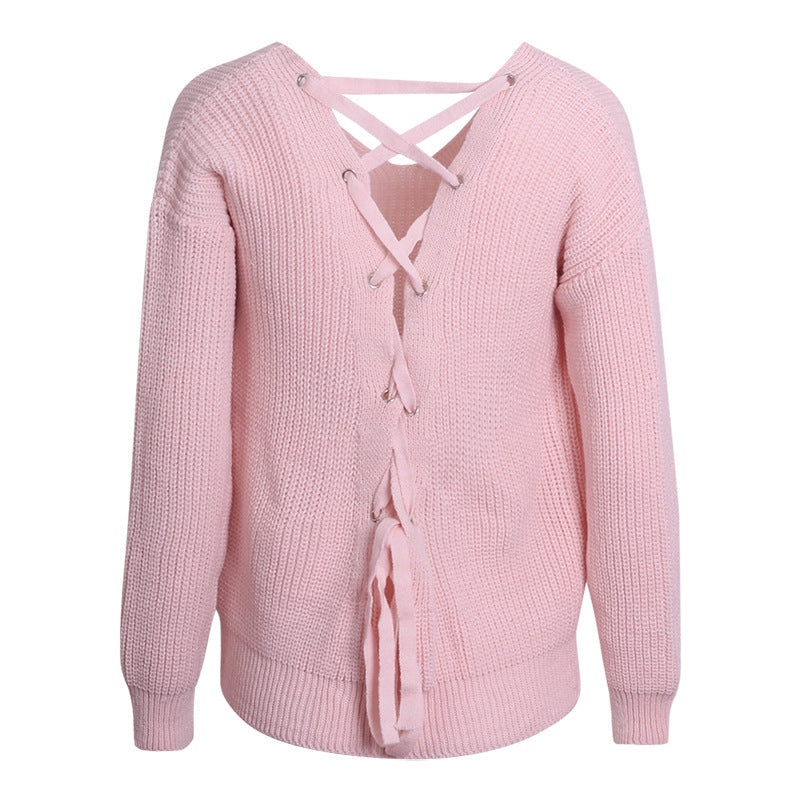 Damen Pullover mit einzigartigem Rückendesign und dekorativem Schnüriemen EB