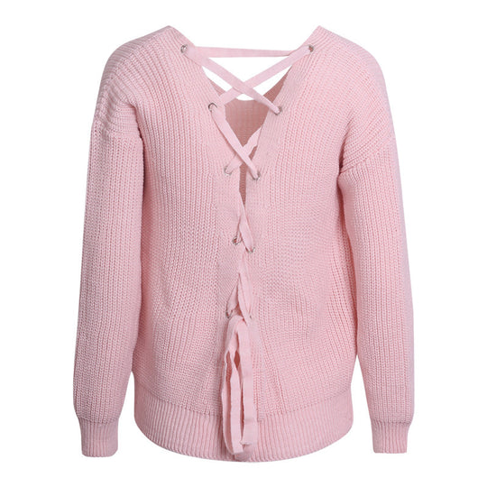 Damen Pullover mit einzigartigem Rückendesign und dekorativem Schnüriemen EB