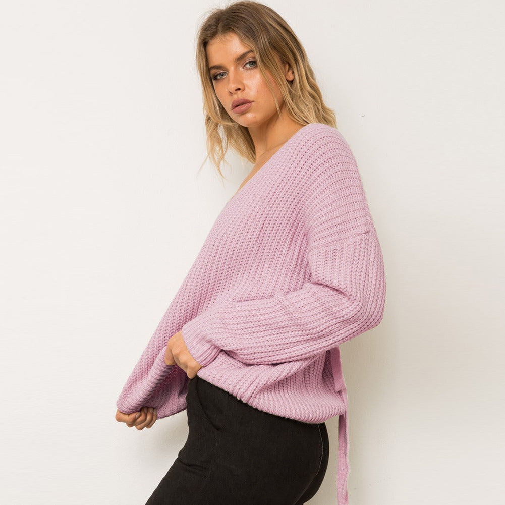 Damen Pullover mit einzigartigem Rückendesign und dekorativem Schnüriemen EB