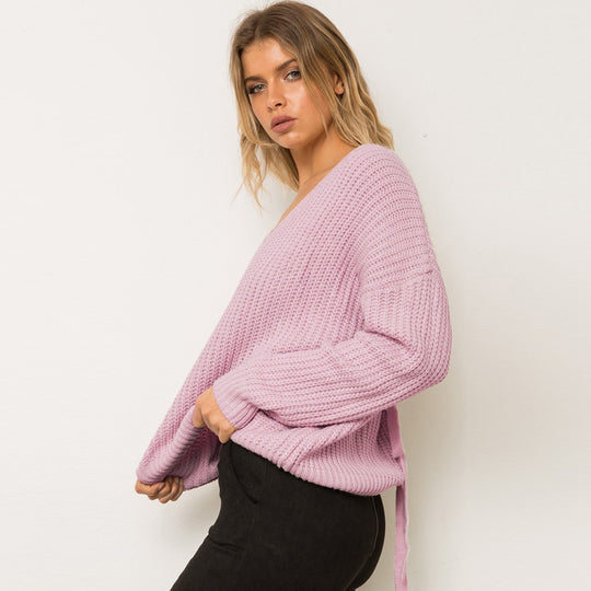 Damen Pullover mit einzigartigem Rückendesign und dekorativem Schnüriemen EB