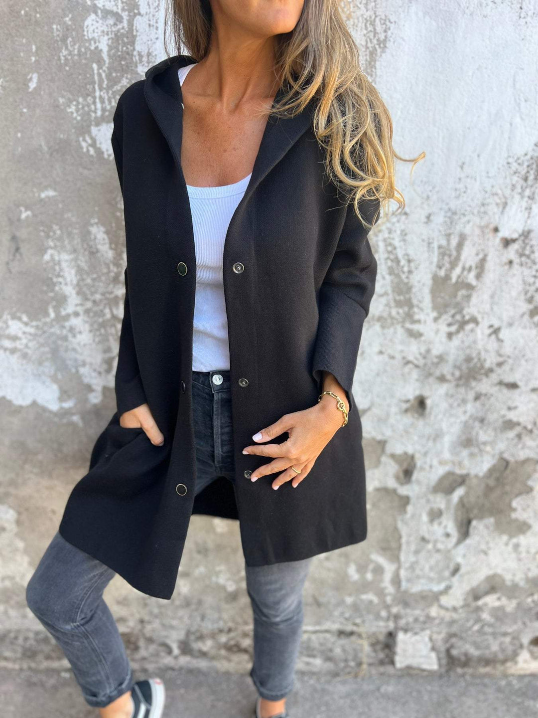 EB | Lange Jacke Wollmischung Knopfverschluss mit Kapuze Bequeme Passform