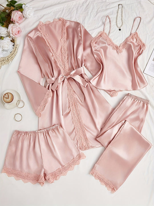 EB | Satin 4-teiliger Pyjama-Set mit Spitzenbesatz für Frauen - Ideal für alle Jahreszeiten