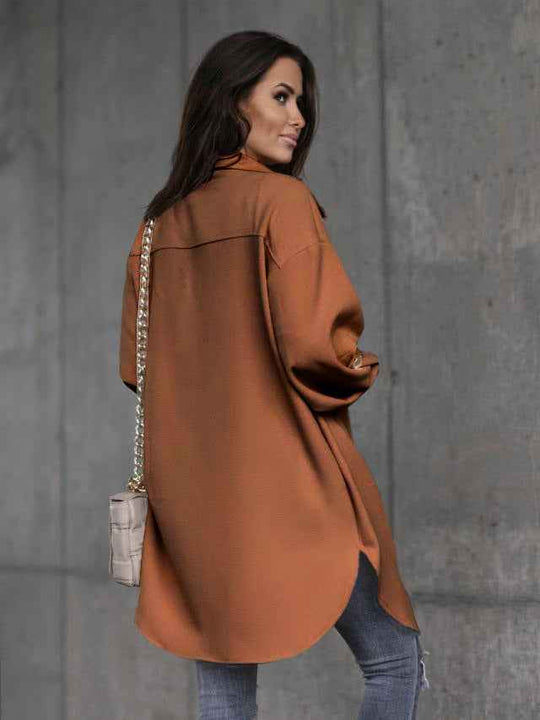 EB | Bequemes Langarmhemdjacke mit Knöpfen, Wollkragen und Revers