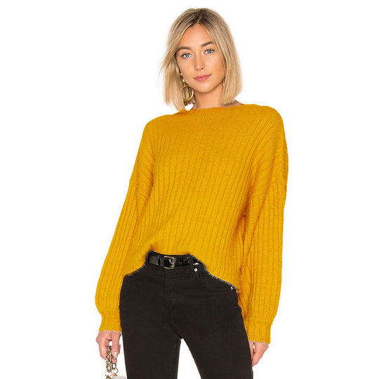 Damen modischer Strickpullover mit überschnittenen Ärmeln und feiner Rippstruktur EB