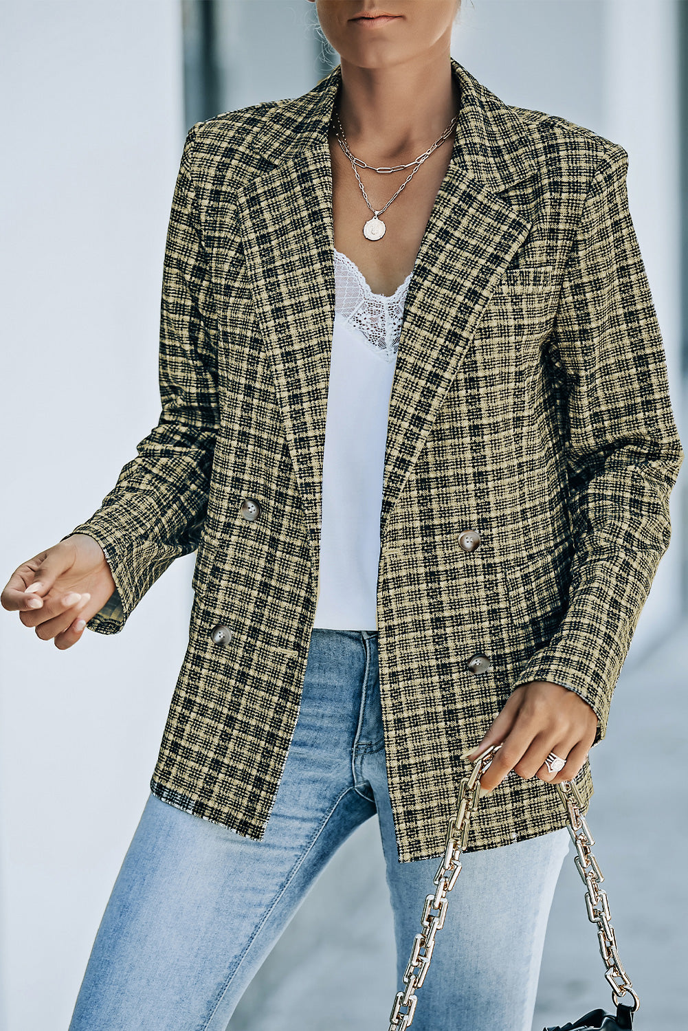 EB | Karierter Doppelreiher Langarm-Blazer
