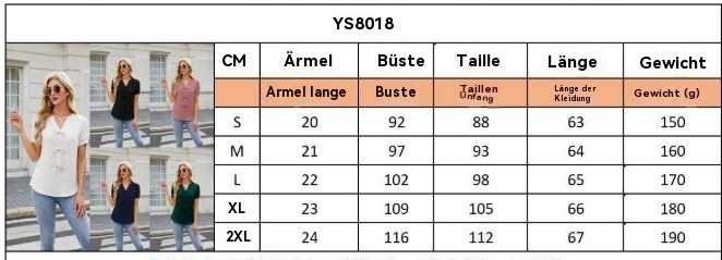 EB | Einfarbiges Kurzarm-T-Shirt mit V-Ausschnitt und Schleife zum Schnüren