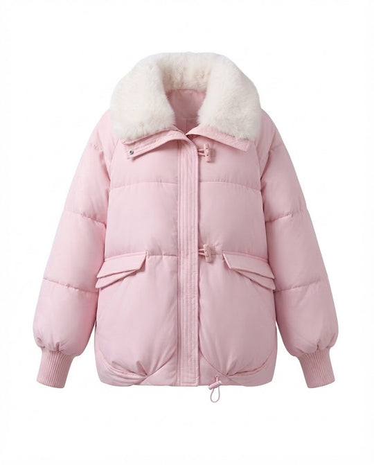 Damen nan moderner Oversize-Puffer mit voluminösem Teddykragen, verdecktem Zweiwege-Reißverschluss und regulierbarem Saum EB