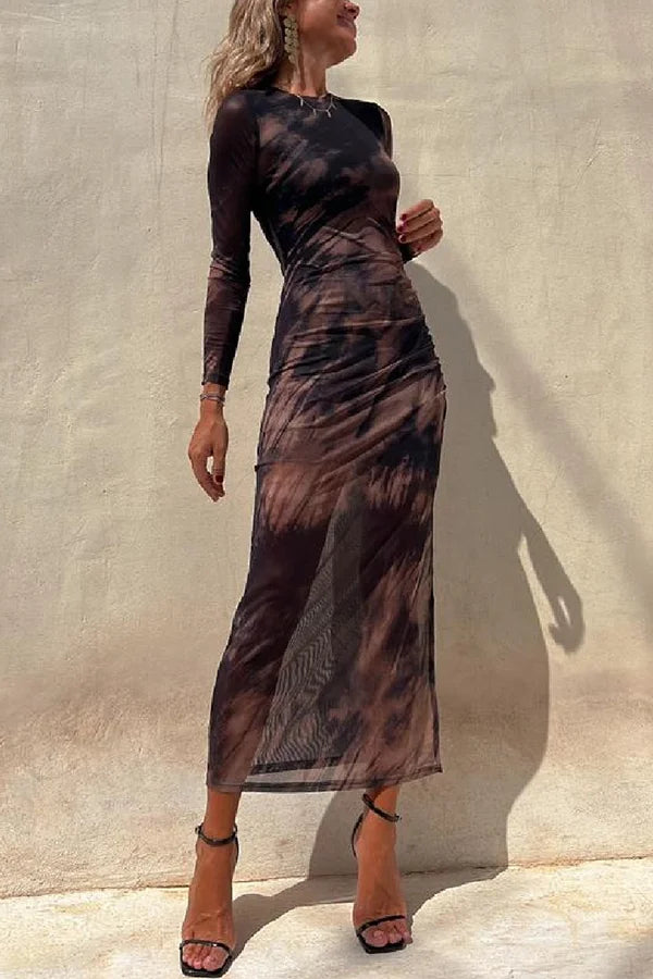 EB | Charm Lady Mesh Overlay Tie Dye Print Langarm Rüsch Stretch Midi Kleid