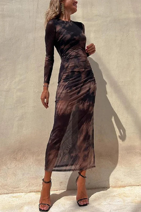 EB | Charm Lady Mesh Overlay Tie Dye Print Langarm Rüsch Stretch Midi Kleid