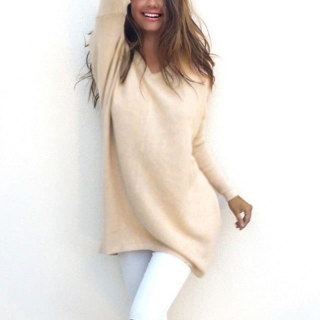 EB - Sweater |Eleganter langer Pullover mit V-Ausschnitt für Damen