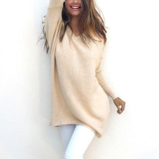 EB - Sweater |Eleganter langer Pullover mit V-Ausschnitt für Damen