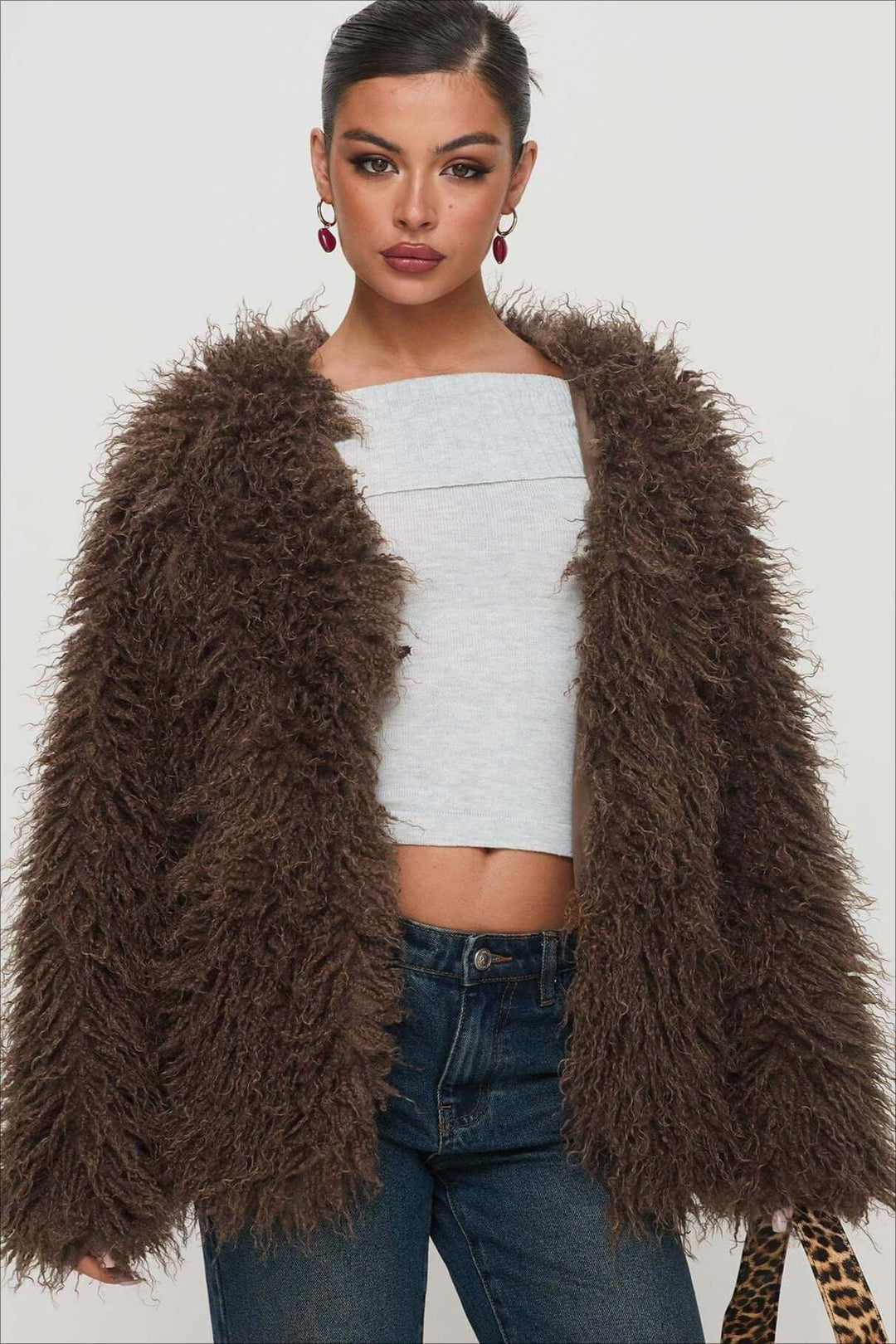EB | Fluffy Brown Faux Fur Übergroße Jacke