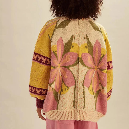 EB | florale Strickjacke mit weitem Schnitt und langen Ärmeln