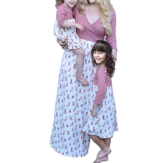 Damen Wickelkleid mit auffälligem Kaktusdruck und langen Ärmeln EB