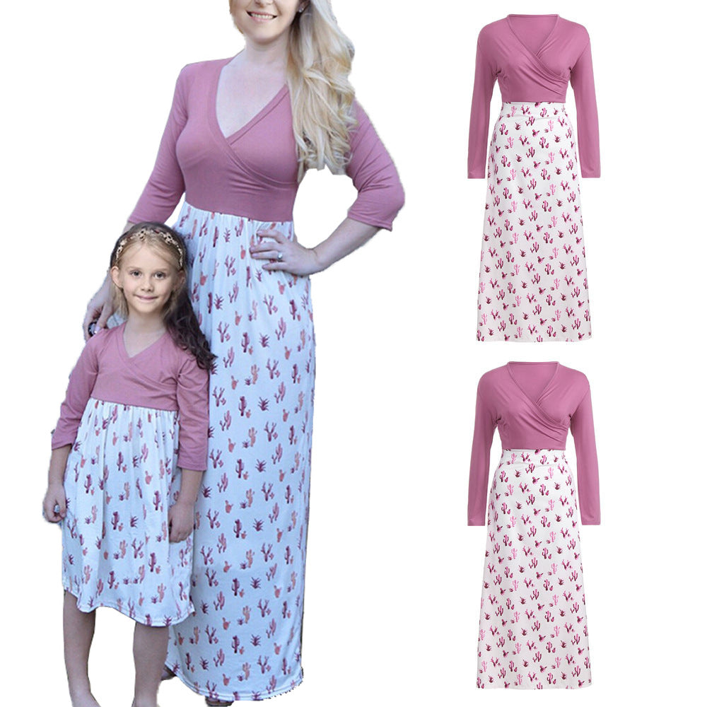 Damen Wickelkleid mit auffälligem Kaktusdruck und langen Ärmeln EB
