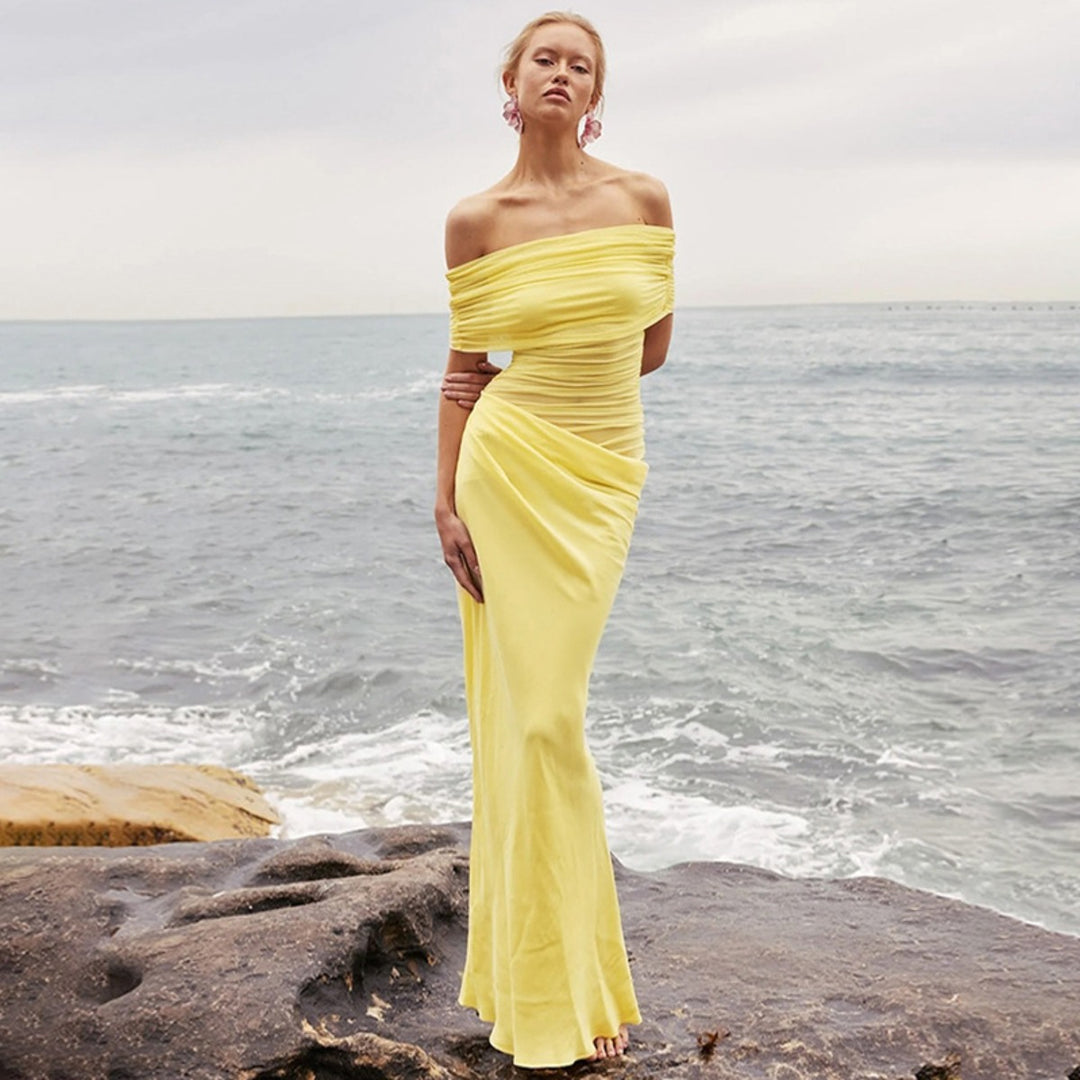 EB | Ein-Wort-Kragen-Plissee-Kleid aus Mesh mit diagonaler Spanne