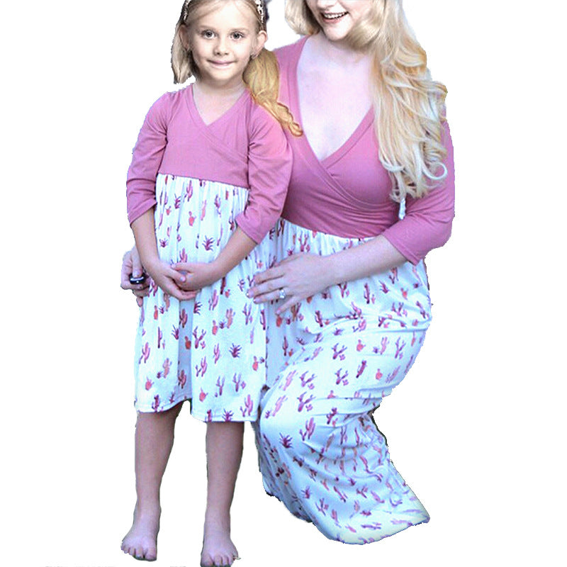 Damen Wickelkleid mit auffälligem Kaktusdruck und langen Ärmeln EB