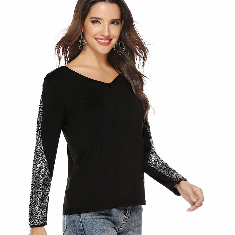 Damen elegantes Oberteil mit glitzernden Ärmeln und V-Ausschnitt EB