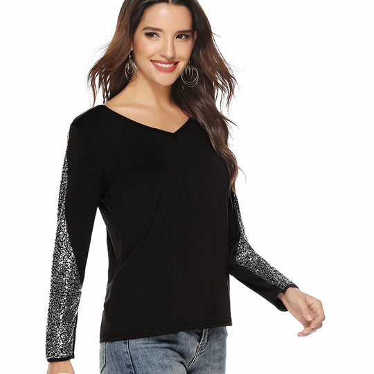 Damen elegantes Oberteil mit glitzernden Ärmeln und V-Ausschnitt EB