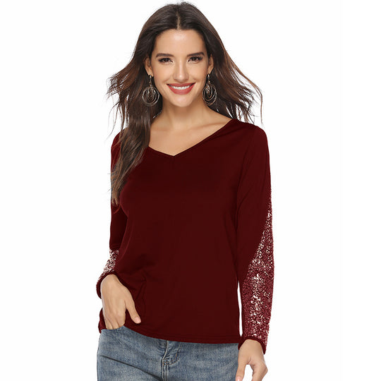 Damen elegantes Oberteil mit glitzernden Ärmeln und V-Ausschnitt EB