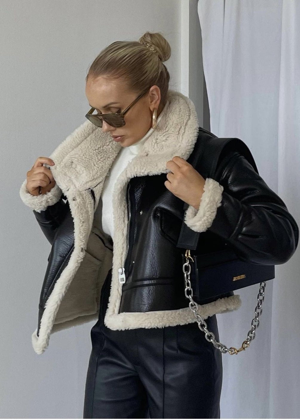 EB | Leder Shearling-gefütterte Jacke - Edgy Stil trifft auf gemütlichen Komfort