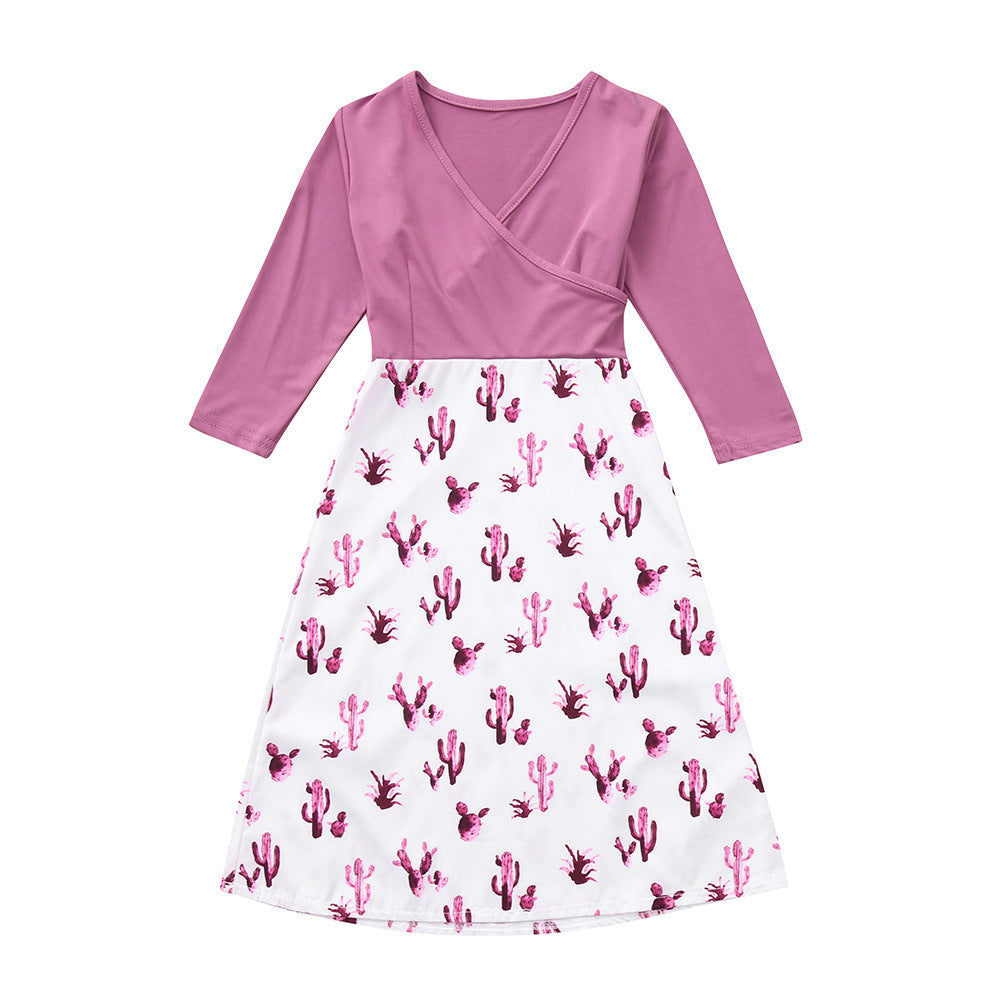 Damen Wickelkleid mit auffälligem Kaktusdruck und langen Ärmeln EB